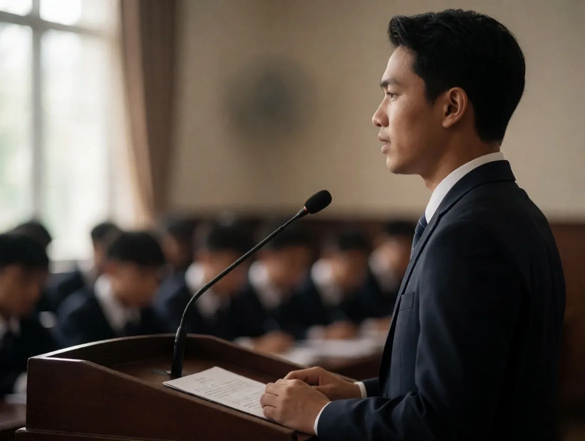 Peserta latihan debat formal di podium
