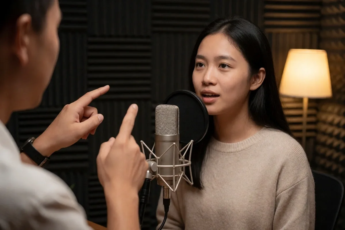 Instruktur membimbing peserta di studio siaran