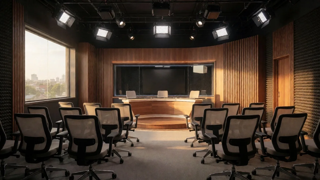 Ruang studio akademi media di Bandung pada sore hari
