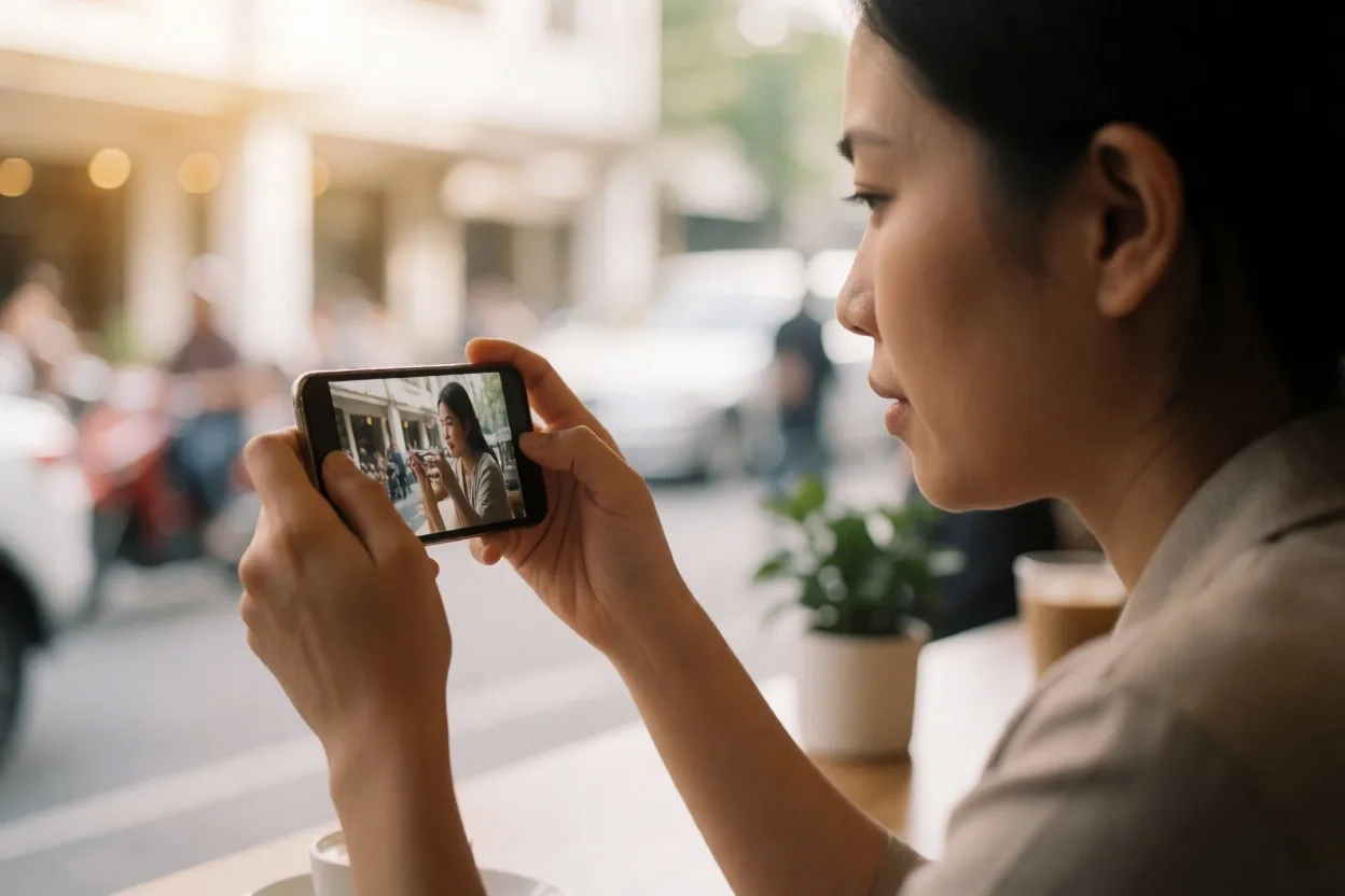 Tangan memegang ponsel pintar menonton konten video