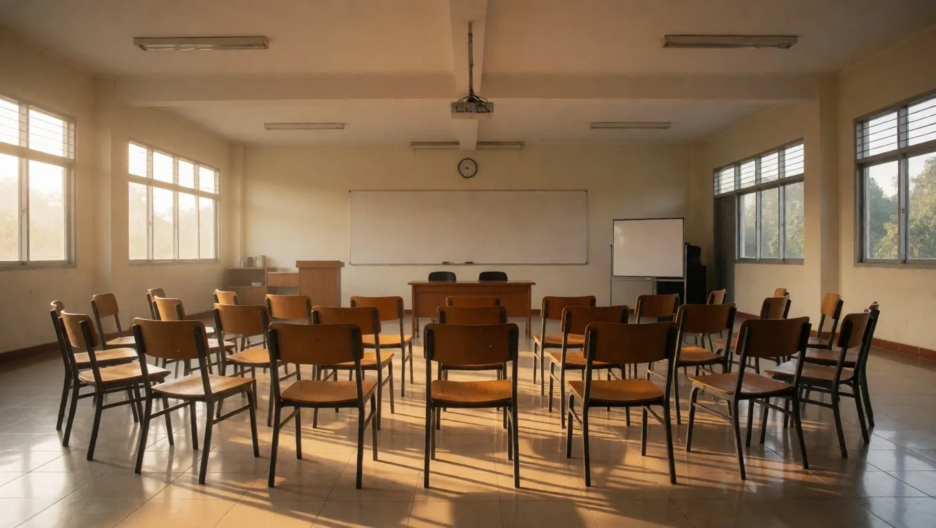 Ruang kelas Kenwood Media Academy di Bandung dengan pencahayaan sore